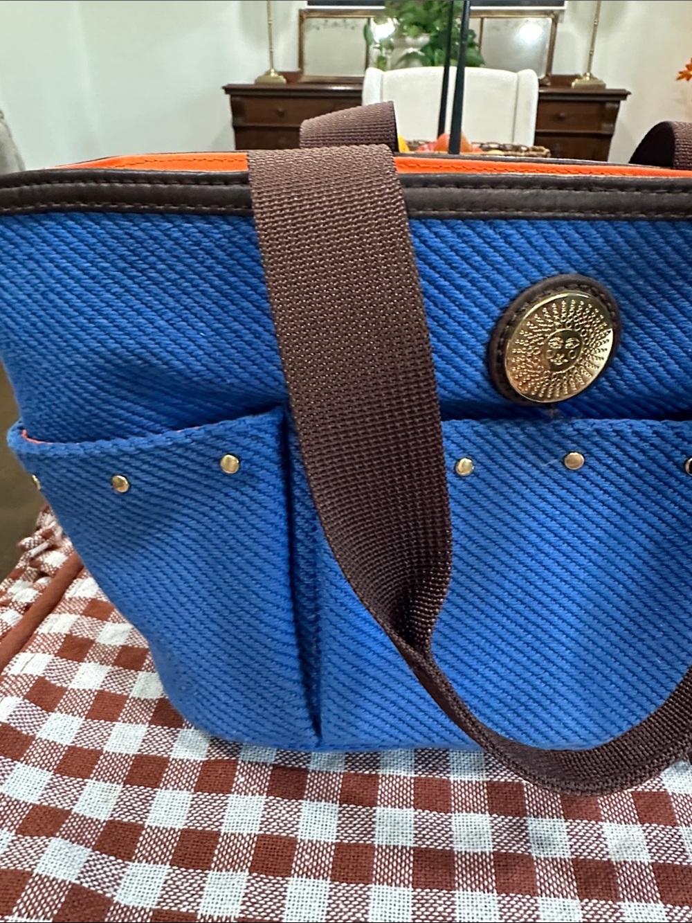 Bath & Body Works Blue Canvas Tote with Brown Trim and Gold Medallion - Picture 3 of 8